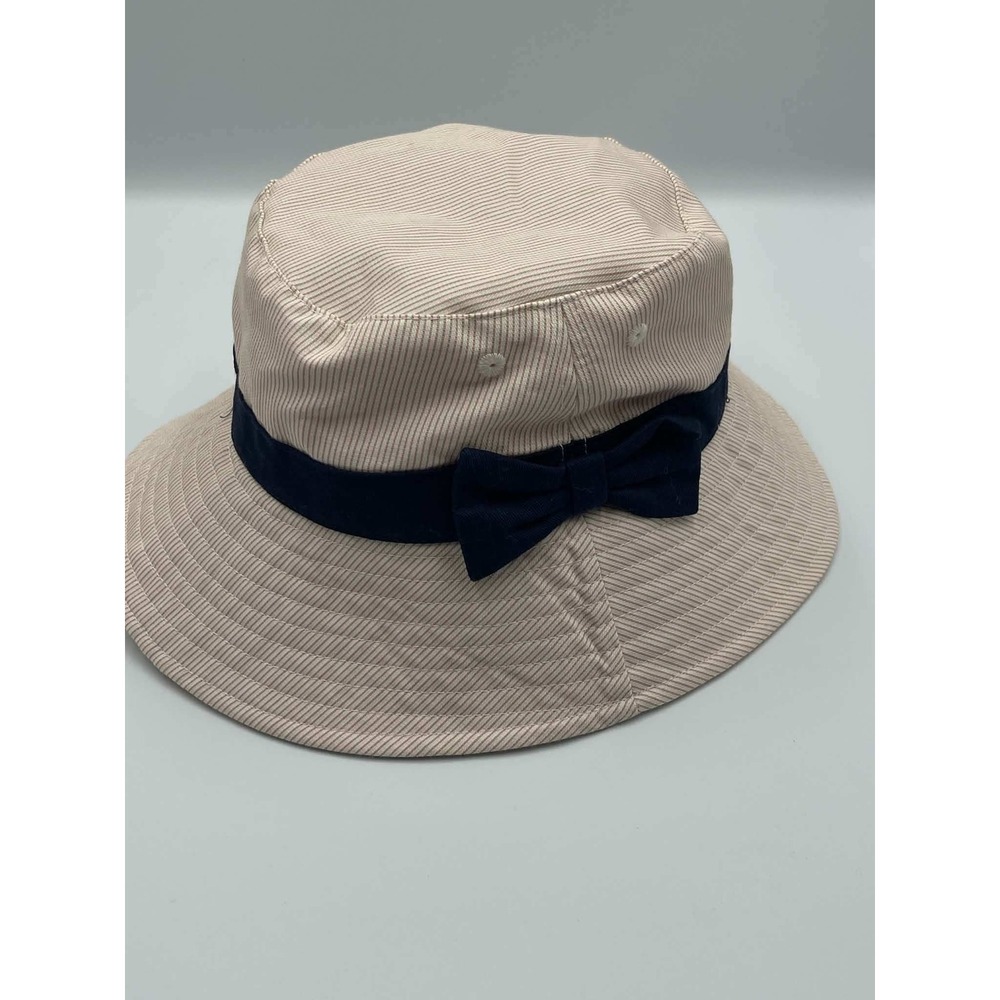 Womens Pinstripe Bucket Hat Tan White Navy Blue Bow Sun Hat Summer Beach